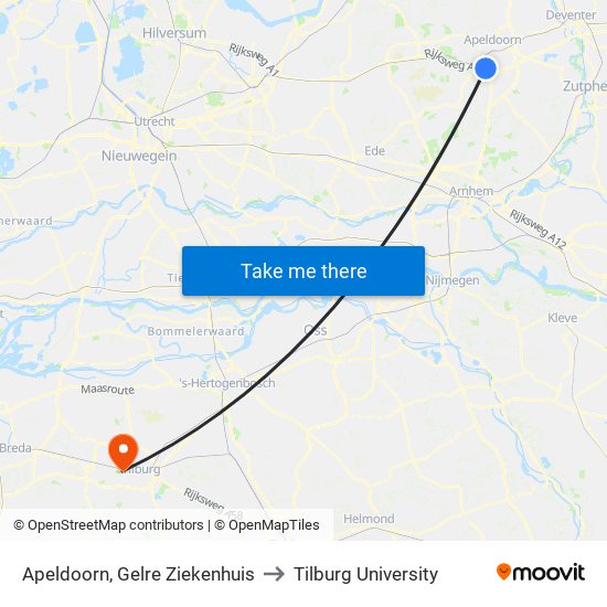 Apeldoorn, Gelre Ziekenhuis to Tilburg University map