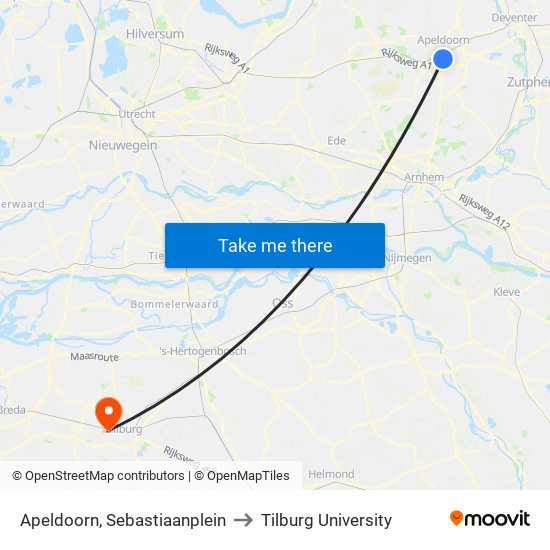 Apeldoorn, Sebastiaanplein to Tilburg University map