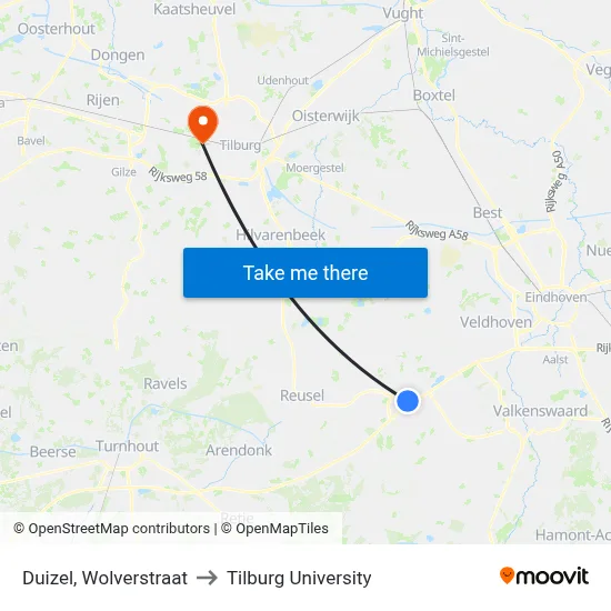Duizel, Wolverstraat to Tilburg University map