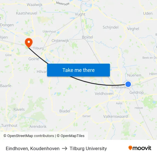 Eindhoven, Koudenhoven to Tilburg University map