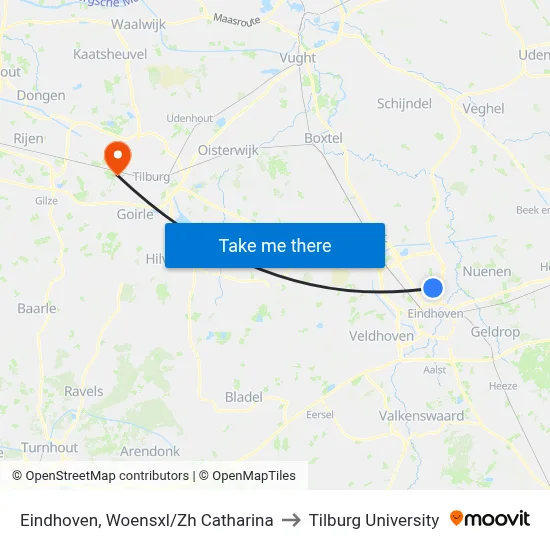 Eindhoven, Woensxl/Zh Catharina to Tilburg University map