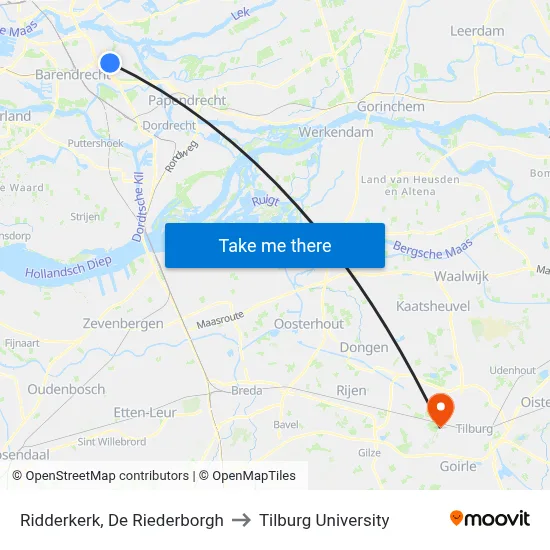 Ridderkerk, De Riederborgh to Tilburg University map