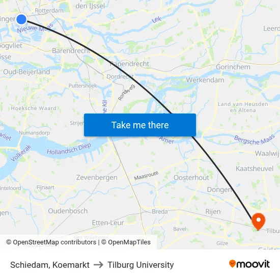Schiedam, Koemarkt to Tilburg University map