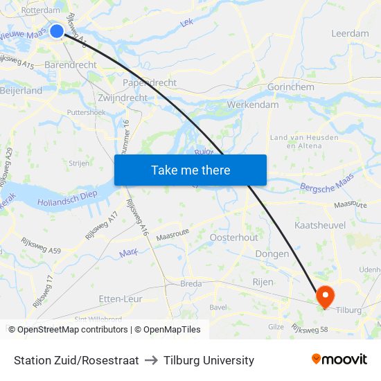 Station Zuid/Rosestraat to Tilburg University map