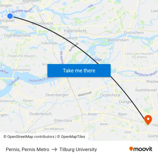 Pernis, Pernis Metro to Tilburg University map