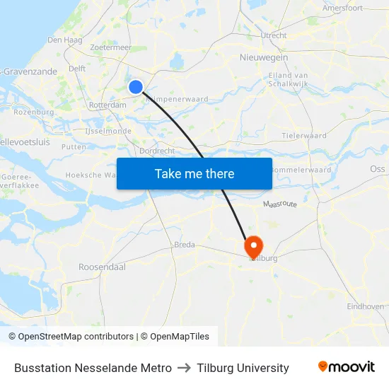 Busstation Nesselande Metro to Tilburg University map