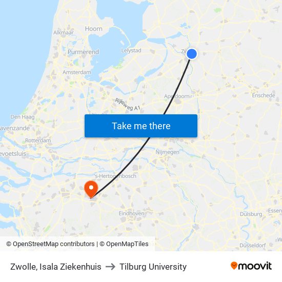 Zwolle, Isala Ziekenhuis to Tilburg University map