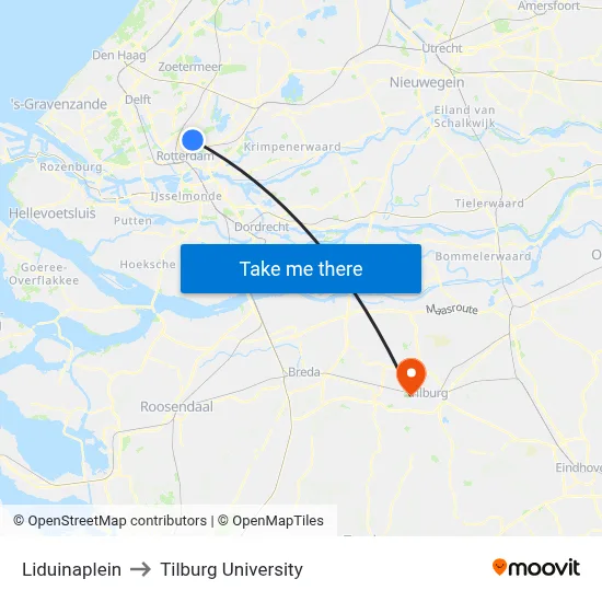 Liduinaplein to Tilburg University map