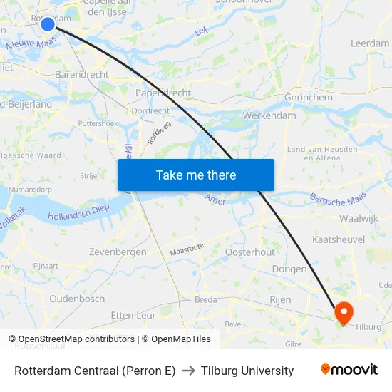 Rotterdam Centraal (Perron E) to Tilburg University map
