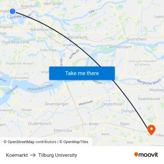 Koemarkt to Tilburg University map