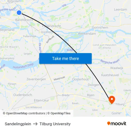 Sandelingplein to Tilburg University map