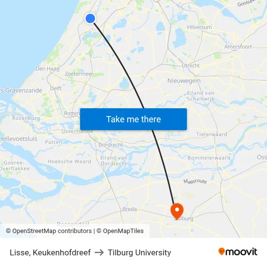 Lisse, Keukenhofdreef to Tilburg University map