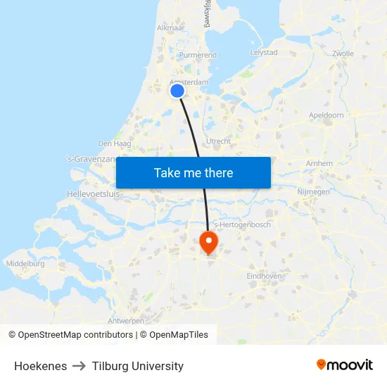 Hoekenes to Tilburg University map