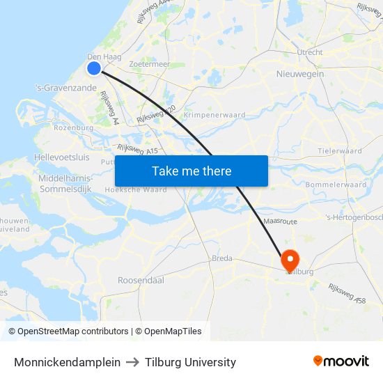 Monnickendamplein to Tilburg University map