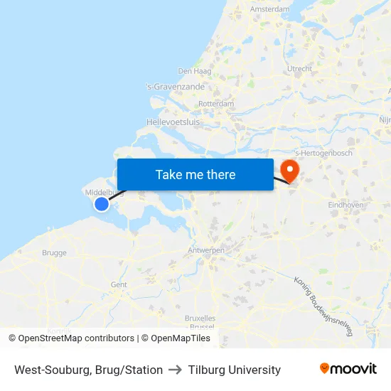 West-Souburg, Brug/Station to Tilburg University map