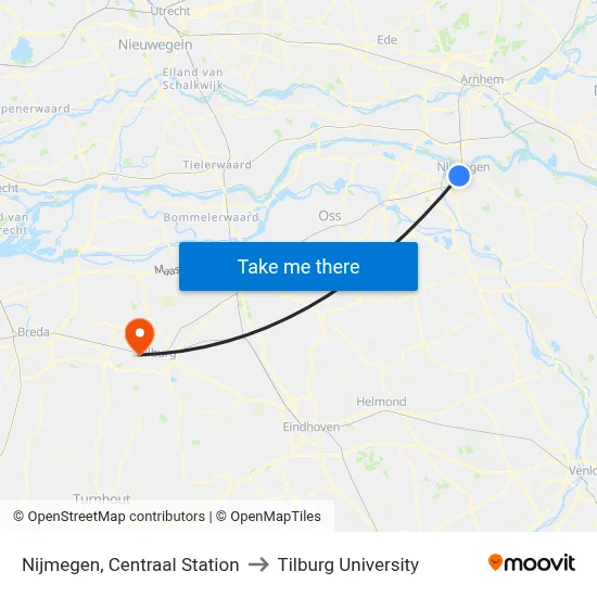 Nijmegen, Centraal Station to Tilburg University map