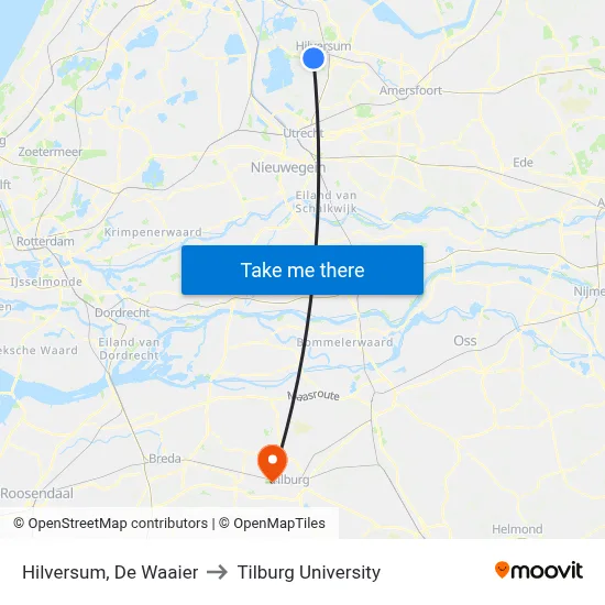 Hilversum, De Waaier to Tilburg University map