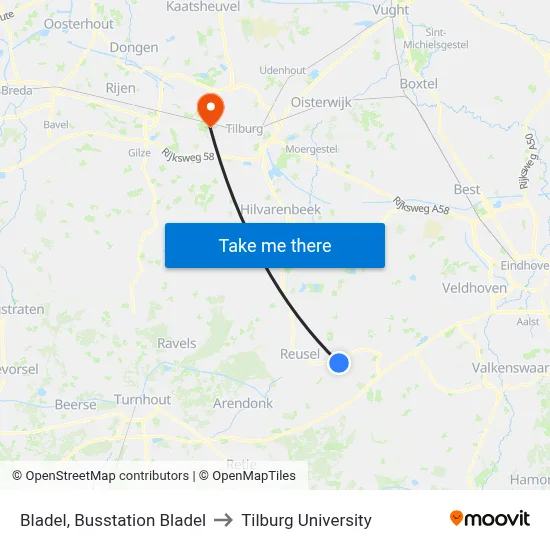 Bladel, Busstation Bladel to Tilburg University map