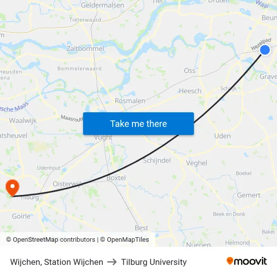 Wijchen, Station Wijchen to Tilburg University map