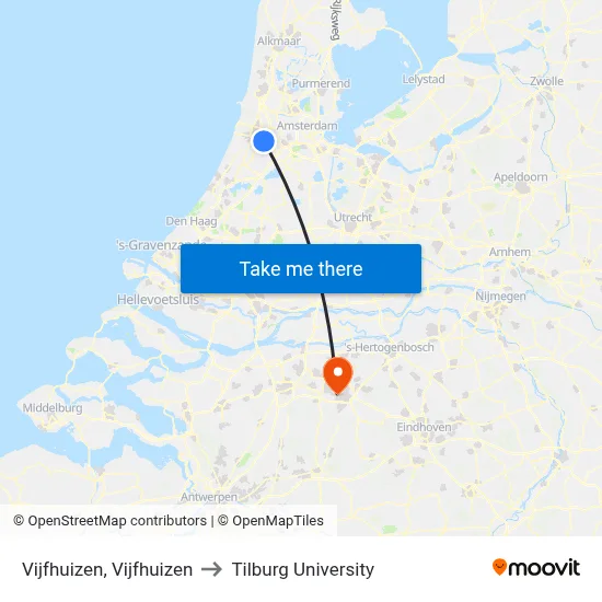 Vijfhuizen, Vijfhuizen to Tilburg University map