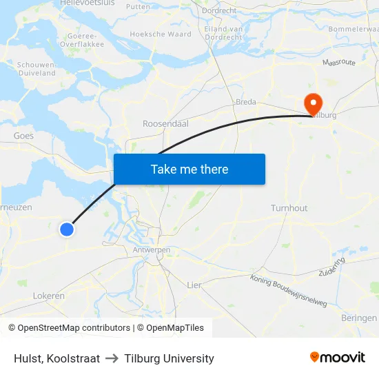 Hulst, Koolstraat to Tilburg University map
