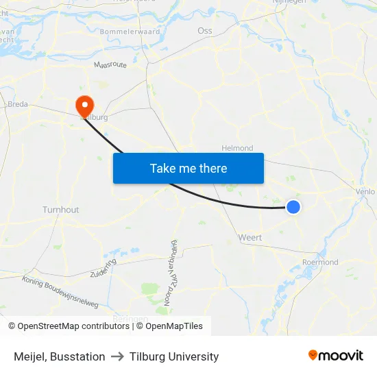 Meijel, Busstation to Tilburg University map
