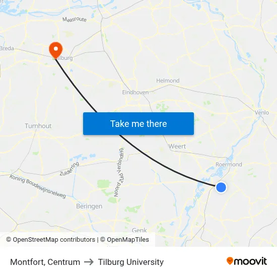 Montfort, Centrum to Tilburg University map