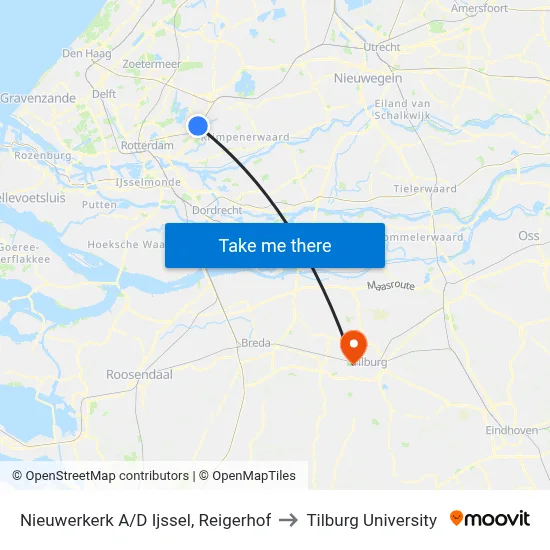 Nieuwerkerk A/D Ijssel, Reigerhof to Tilburg University map