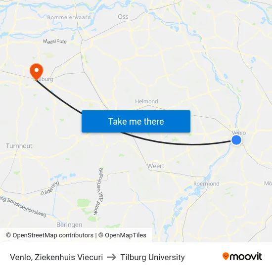 Venlo, Ziekenhuis Viecuri to Tilburg University map