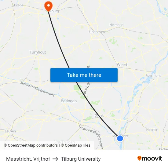 Maastricht, Vrijthof to Tilburg University map