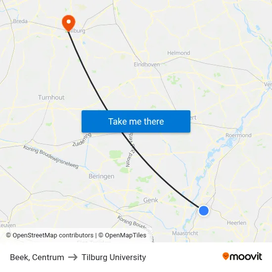 Beek, Centrum to Tilburg University map