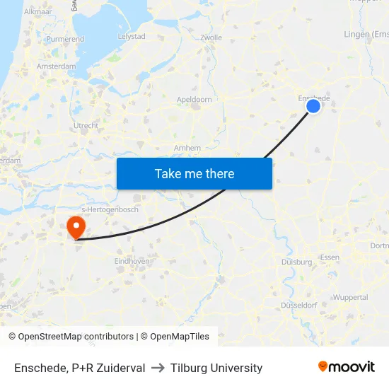 Enschede, P+R Zuiderval to Tilburg University map