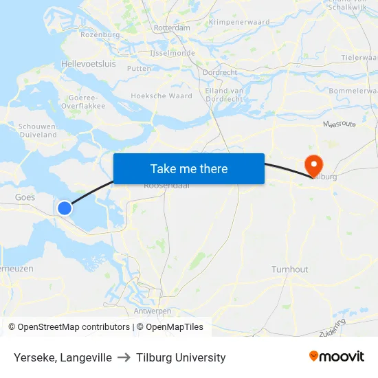 Yerseke, Langeville to Tilburg University map