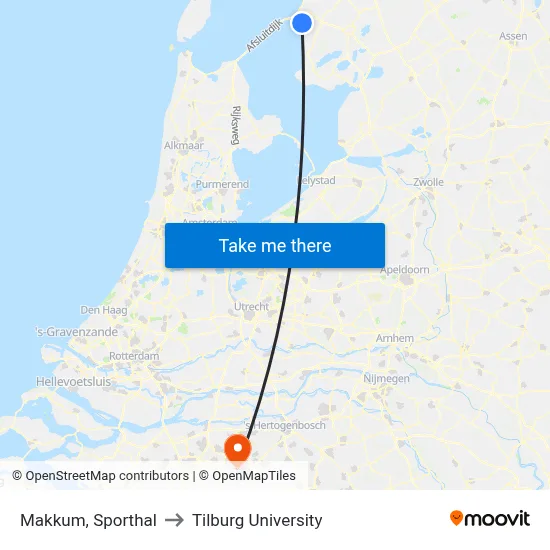 Makkum, Sporthal to Tilburg University map