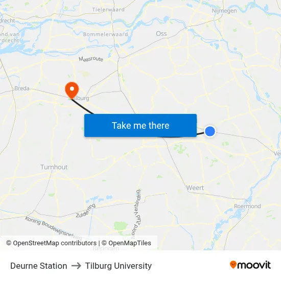 Deurne Station to Tilburg University map