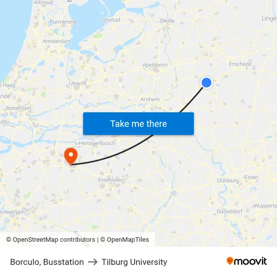 Borculo, Busstation to Tilburg University map