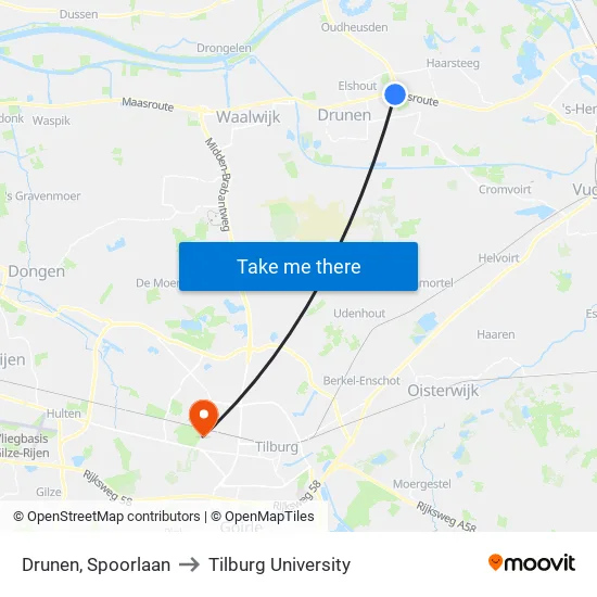Drunen, Spoorlaan to Tilburg University map