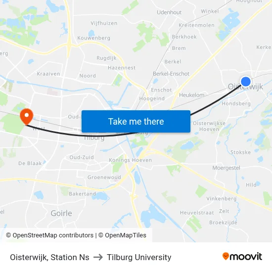 Oisterwijk, Station Ns to Tilburg University map