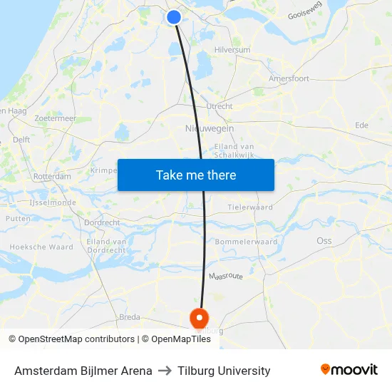 Amsterdam Bijlmer Arena to Tilburg University map