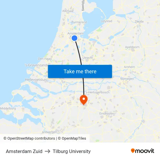 Amsterdam Zuid to Tilburg University map