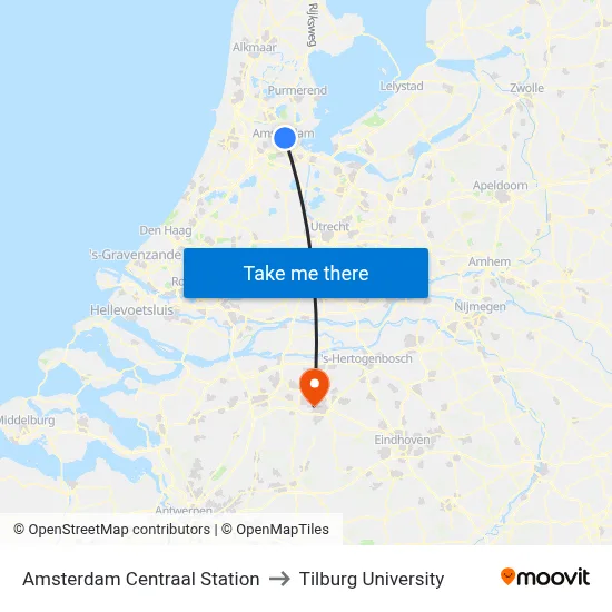 Amsterdam Centraal Station to Tilburg University map