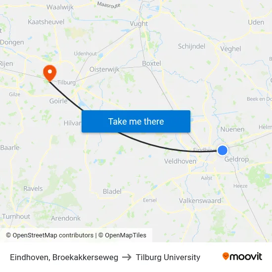 Eindhoven, Broekakkerseweg to Tilburg University map