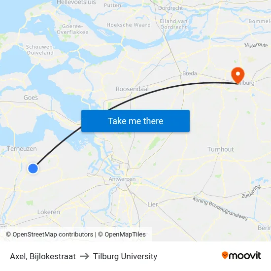 Axel, Bijlokestraat to Tilburg University map