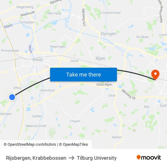 Rijsbergen, Krabbebossen to Tilburg University map