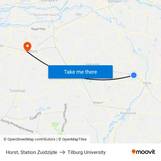 Horst, Station Zuidzijde to Tilburg University map