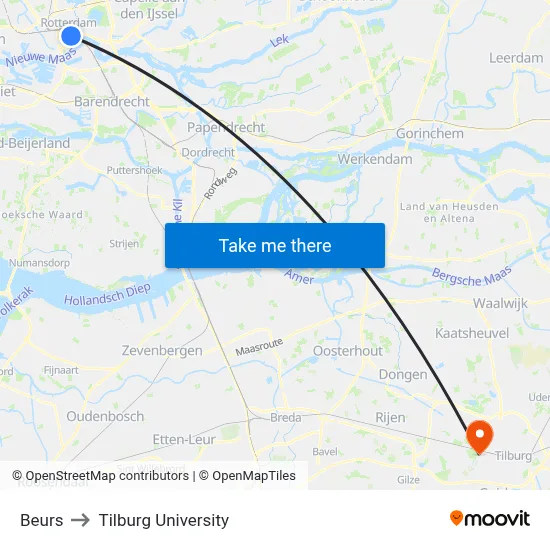 Beurs to Tilburg University map