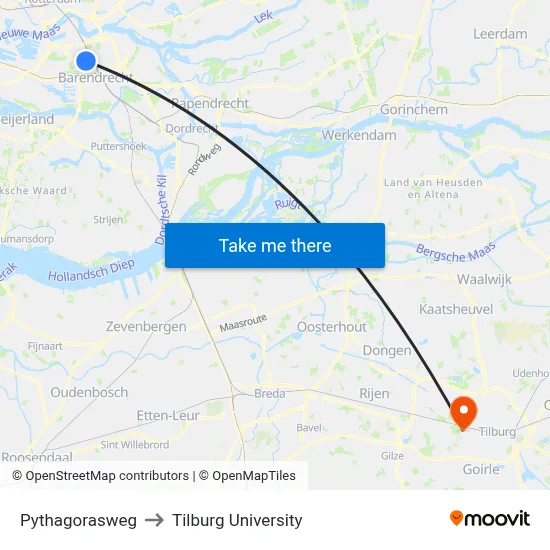 Pythagorasweg to Tilburg University map