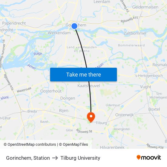 Gorinchem, Station to Tilburg University map