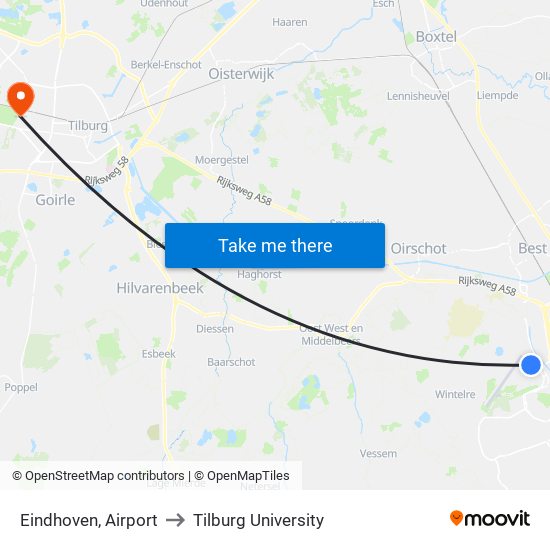 Eindhoven, Airport to Tilburg University map