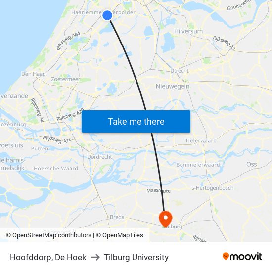 Hoofddorp, De Hoek to Tilburg University map